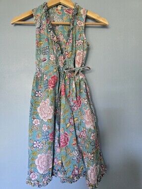 Anokhi Koki Kids Sleeveless Floral Wrap Dress in Teal and Pink 8-9Y